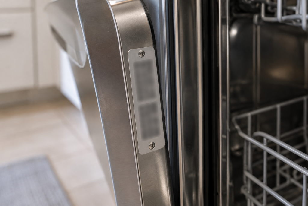 The rating plate sits on the narrow inner edge of an open stainless dishwasher door, two fields visible with their values unreadable.