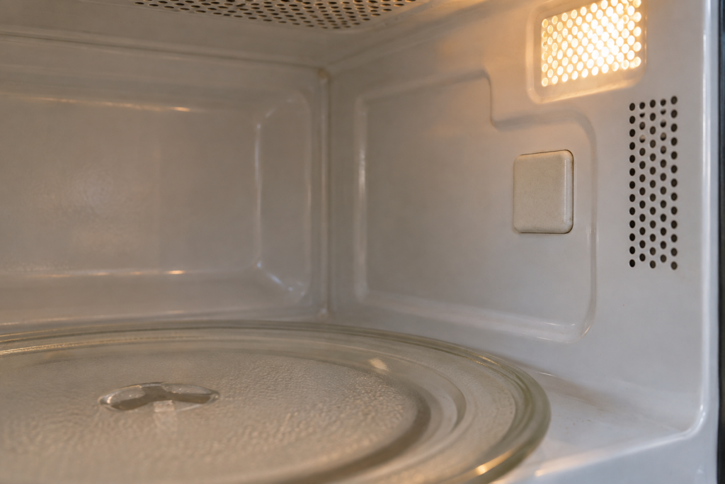 Close-up inside an open microwave's cooking cavity, showing the interior wall near a small protective sensor cap.