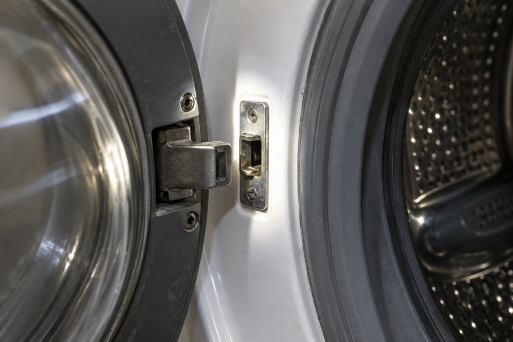 Macro inside a front-load washer's open drum, showing the door latch tongue and its striker plate on the frame.