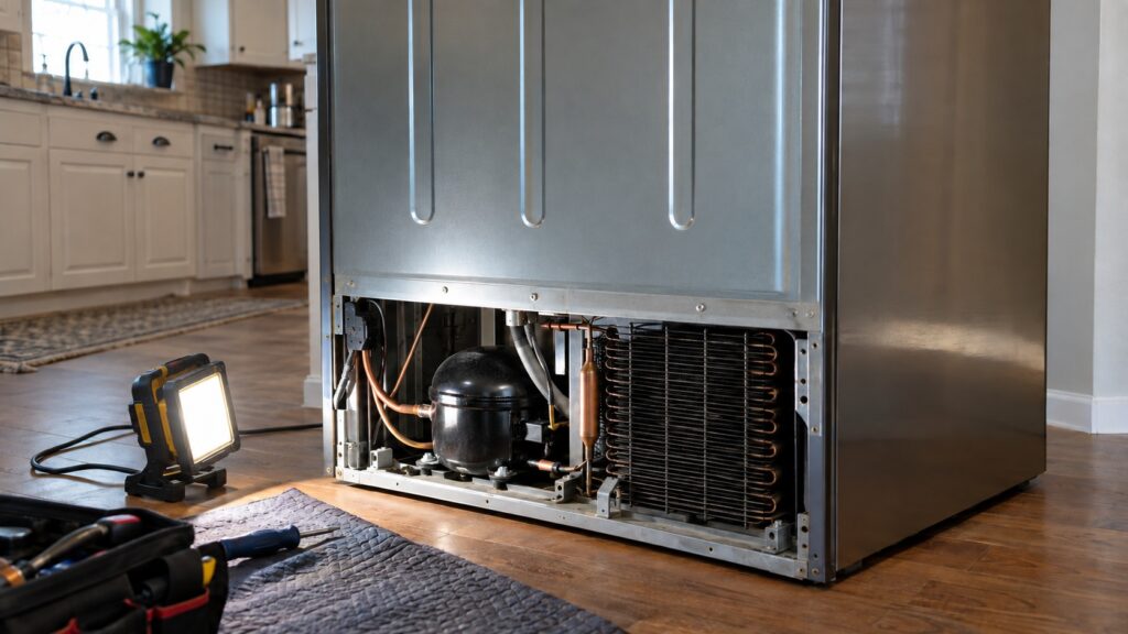 A large stainless steel French-door refrigerator stands pulled forward from a kitchen wall, its lower rear access panel removed to show a black compressor and the condenser coil behind it.