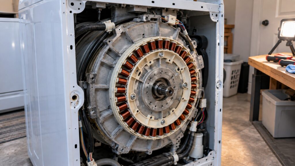 The rear of a front-loading washing machine with its back panel removed, showing the large circular stator ring of a direct drive motor mounted on the drum shaft.