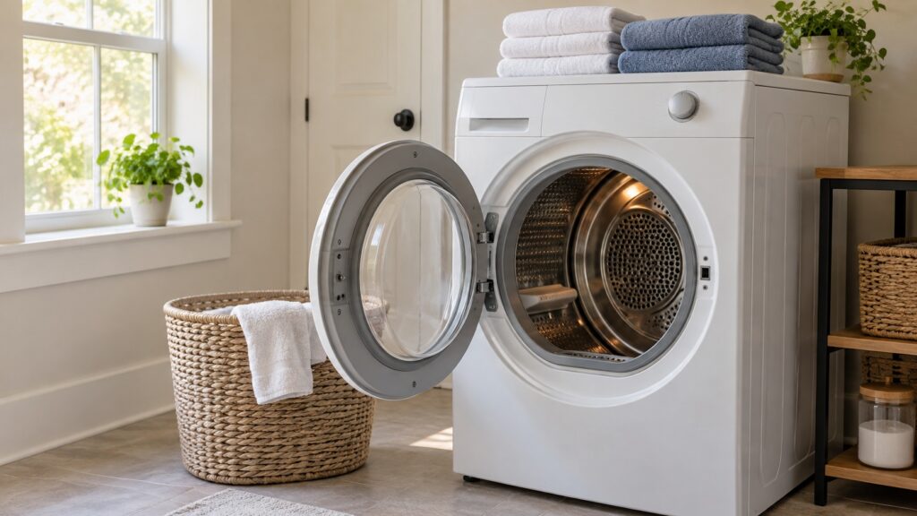 A white front-loading clothes dryer stands in a bright laundry room with its door open, folded towels stacked on top and a laundry basket on the floor beside it.