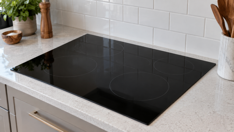An electric induction cooktop built into an American kitchen countertop, viewed from a slight angle above, dark glass surface with no dishes on it.