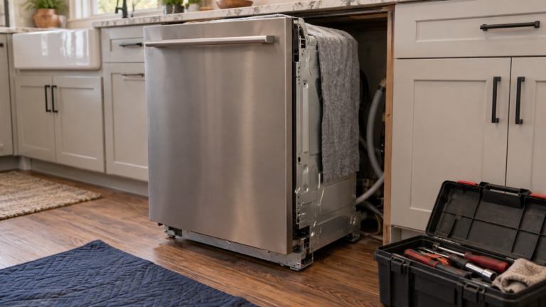 A built-in dishwasher pulled partway out of its cabinet opening in an American kitchen, a technician's toolbox on the floor beside it.