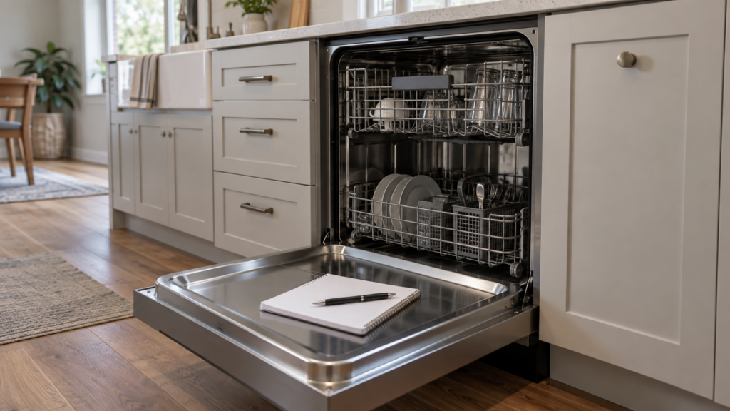 A front-control dishwasher stands open in a run of kitchen cabinets with a notepad and pen resting on its lowered door.