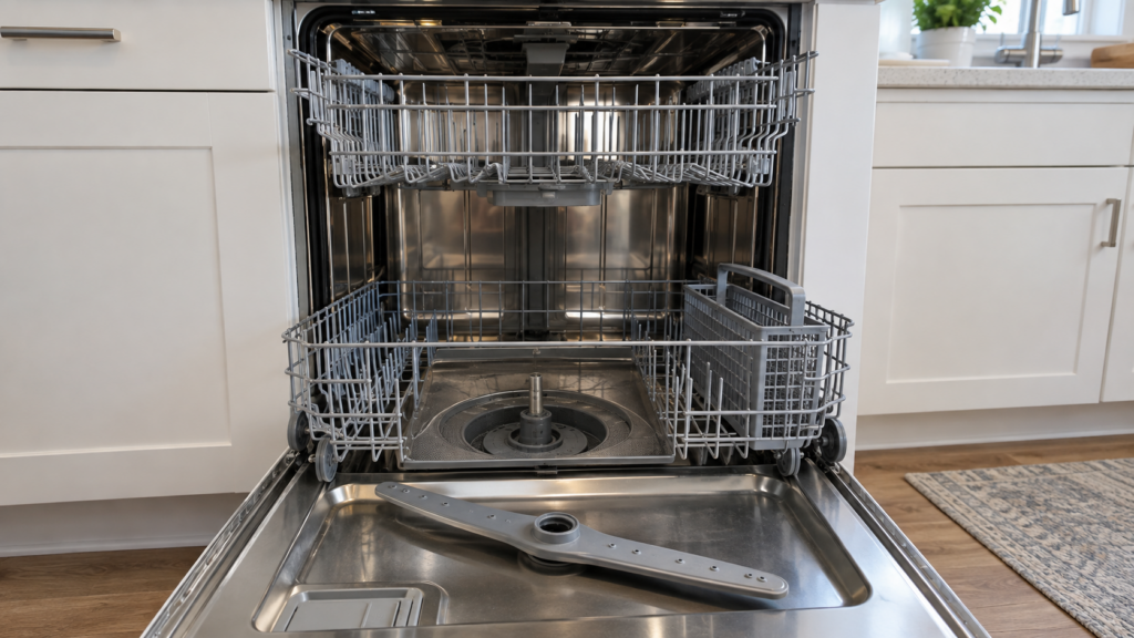 A dishwasher's lower spray arm has been lifted off its hub and set on the open door, leaving the bare spindle and filter well exposed in the stainless tub.