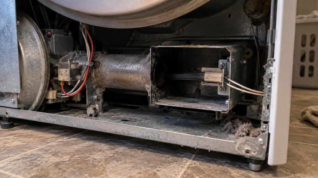 The burner assembly of a gas clothes dryer is visible through the open lower access panel, with a cold igniter and unlit burner tube in the dark housing.
