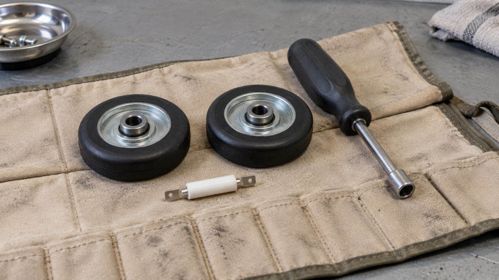 A new white ceramic thermal fuse and two black drum support rollers lie on a technician's canvas tool roll beside a nut driver.