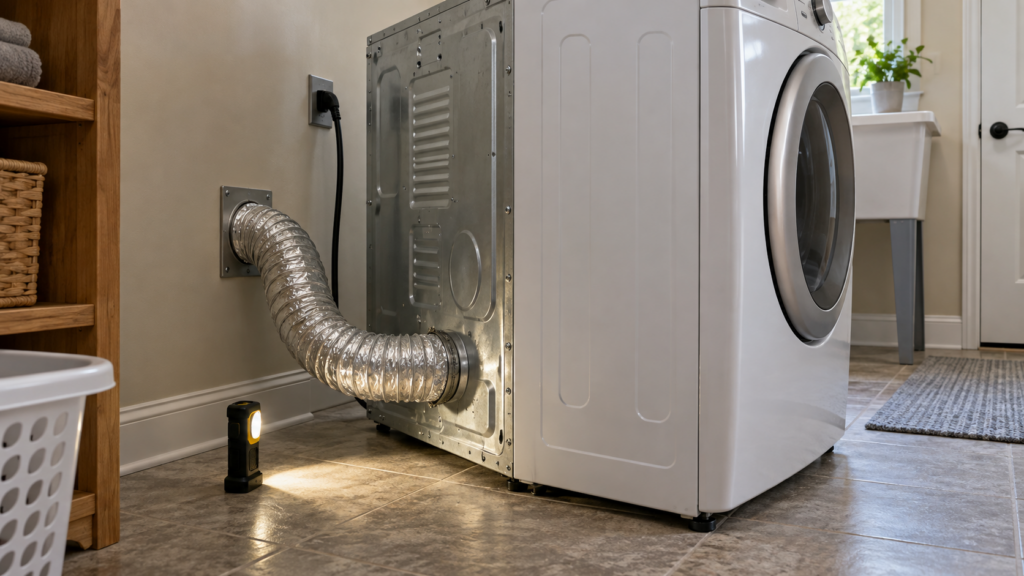 A front-load clothes dryer has been rolled forward from the wall so the rear panel and duct connection show, a flashlight on the floor beside it.