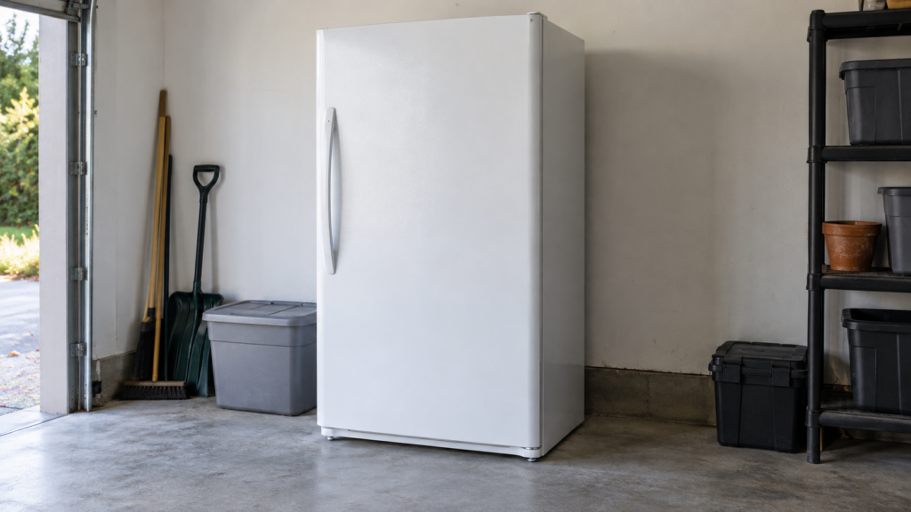 A standalone upright freezer in an American garage, door closed, positioned against a plain wall.