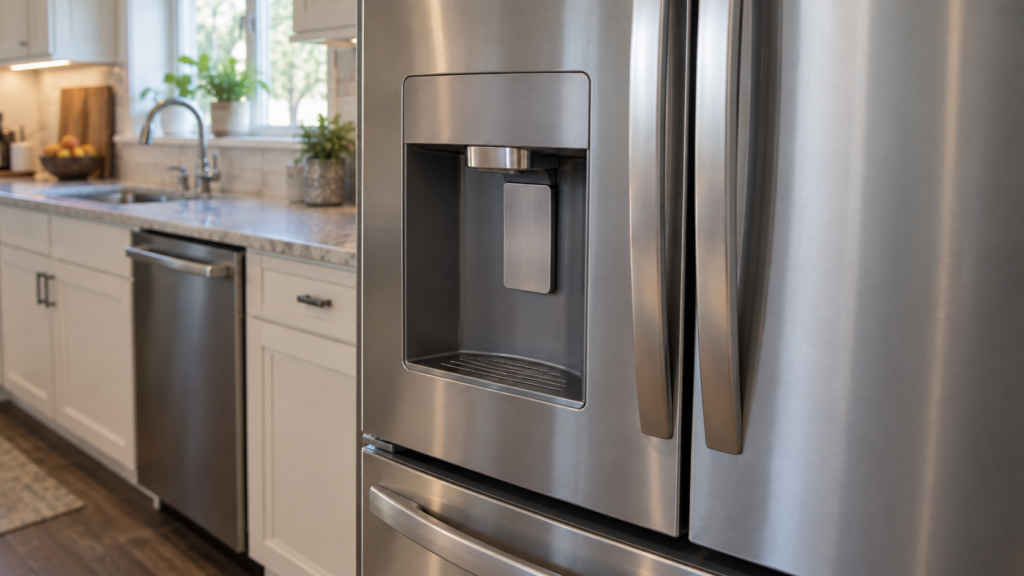 A French-door refrigerator's exterior water and ice dispenser area in an American kitchen, viewed at a slight angle.