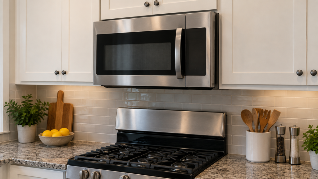 An over-the-range microwave installed above a range in an American kitchen, viewed from a few feet away, door closed.