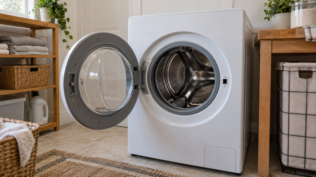 A front-load washing machine in an American laundry room, its round door open and the empty drum visible inside.