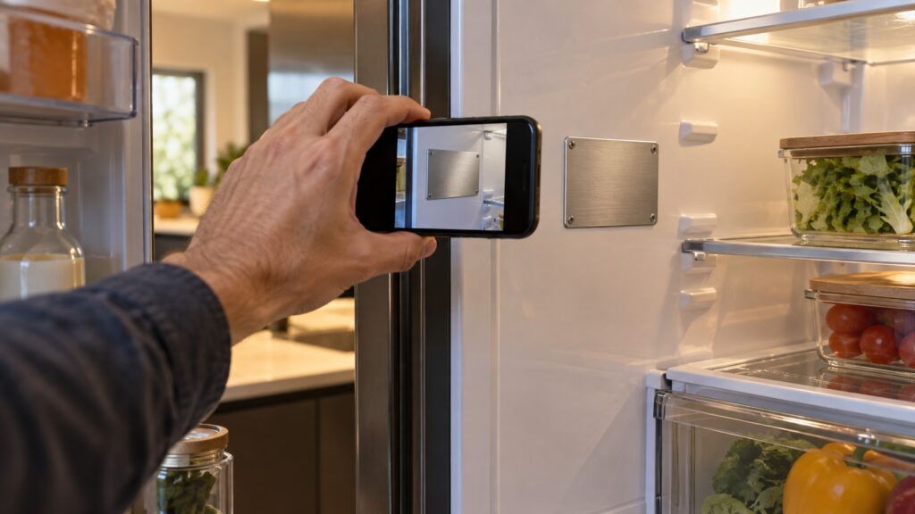 A hand holds a smartphone photographing a blank metal rating plate on the inner side wall of an open refrigerator compartment, with lit shelves around it.
