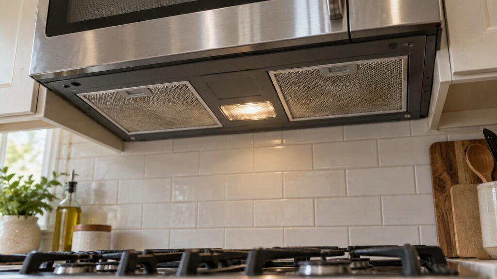 Looking up at the underside of a stainless over-the-range microwave above a gas cooktop, its metal mesh grease filters clearly visible from below.