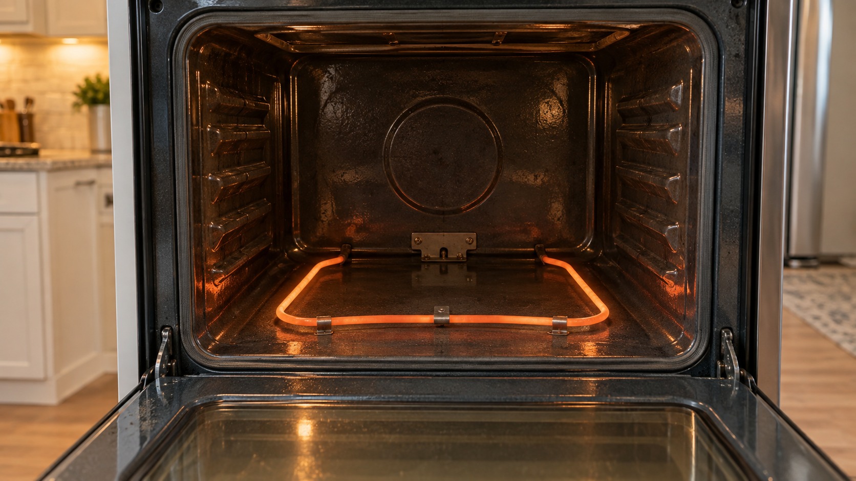 Close-up of the open cavity of an electric oven with the racks removed, the bake element glowing dull orange along the bottom.