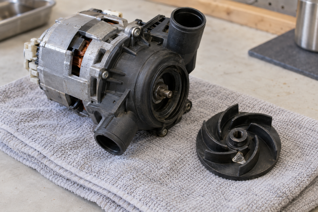A dishwasher wash motor and pump assembly lying on a towel beside a disassembled impeller with a glass chip caught in its vanes.