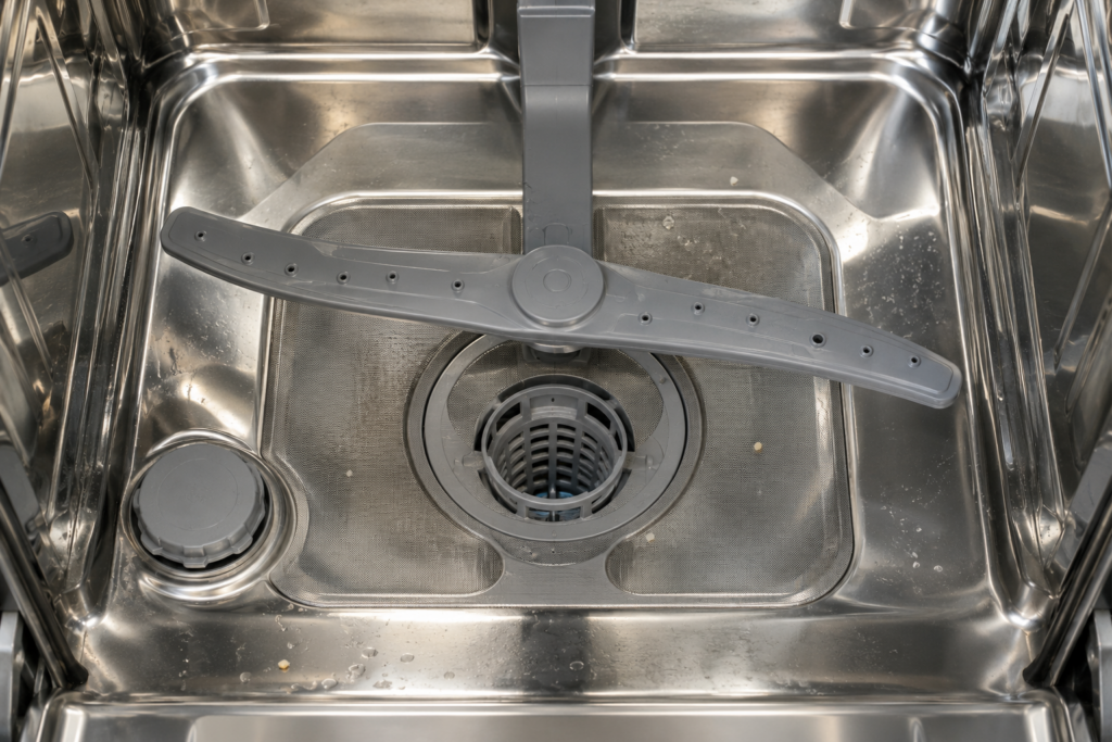 The lower floor of a dishwasher tub seen from above with the lower rack removed, the filter and the lower spray arm in place with a light film of residue.
