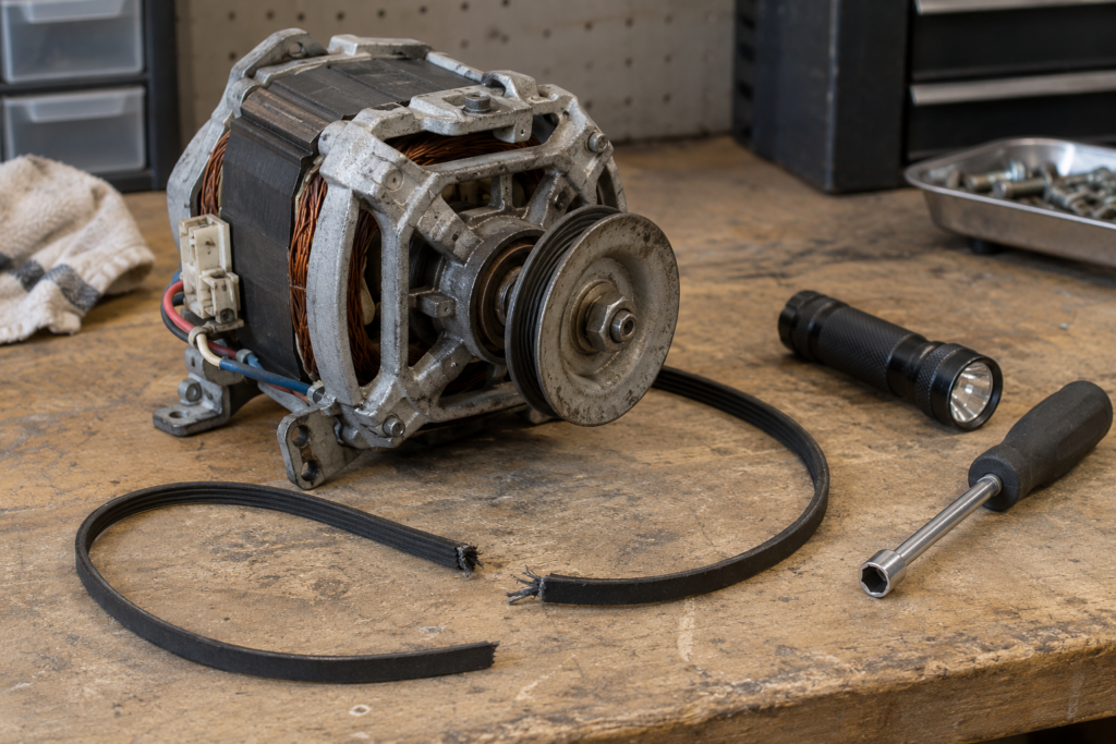 A clothes dryer drive motor with its pulley lying on a workbench beside a snapped drive belt.