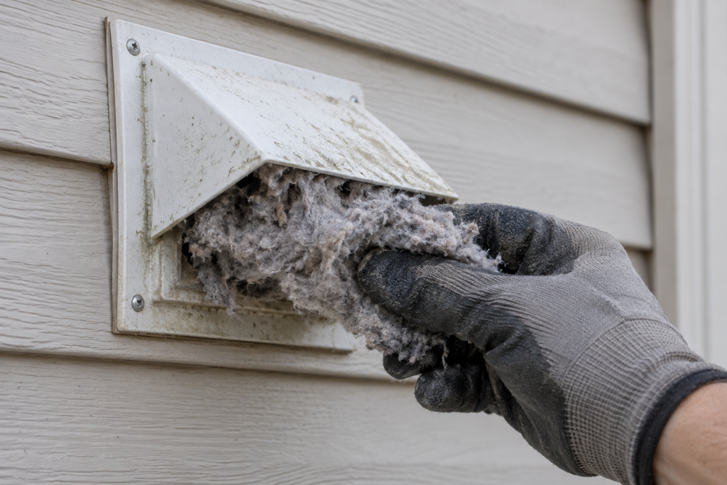 A close view of an outdoor dryer vent cap on a house wall with its flap held half open by a thick grey mat of lint, a gloved hand pulling a clump of lint out of the opening, overcast daylight, siding in a neutral color.