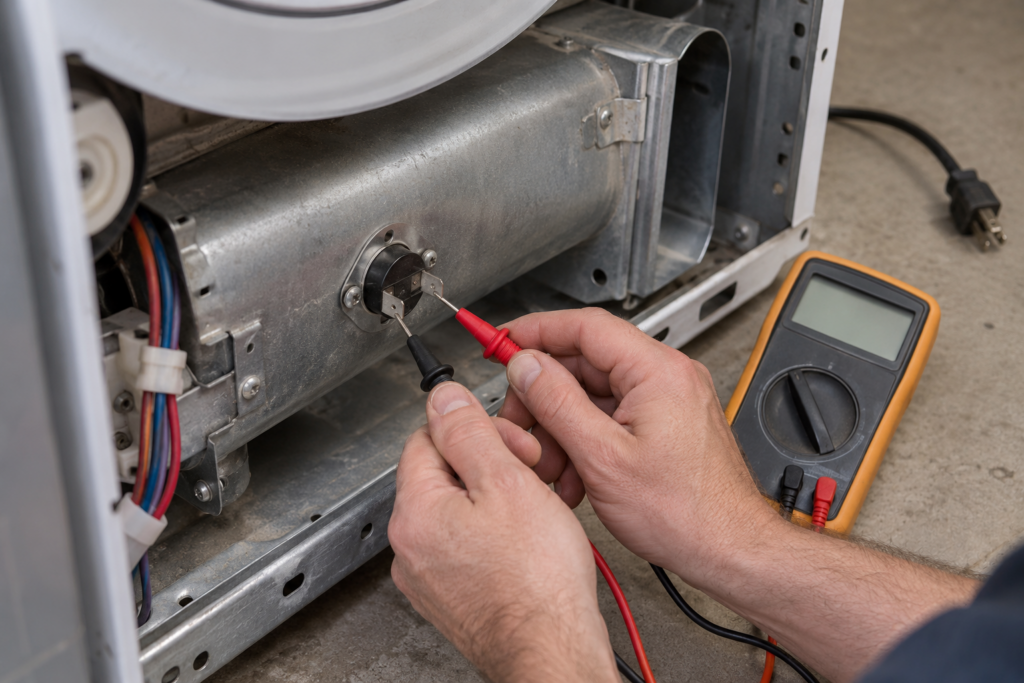 The inlet thermistor on a clothes dryer heater housing with the probes of a multimeter touching its connector.