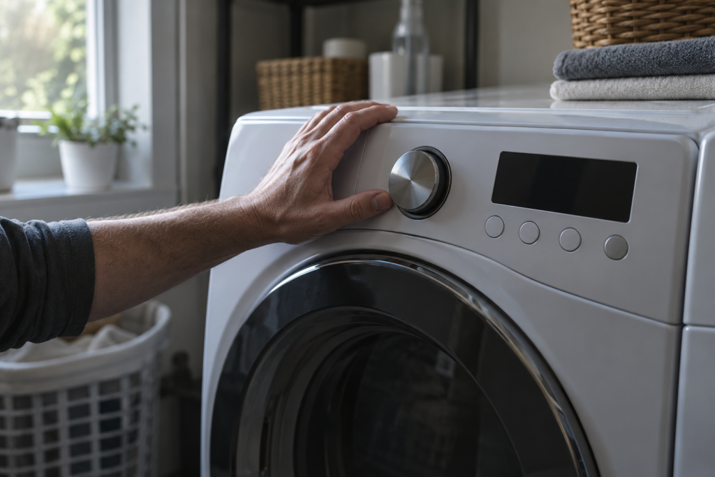 A hand rests on the dark control panel of a front-load dryer with its dial and buttons lit from the side.