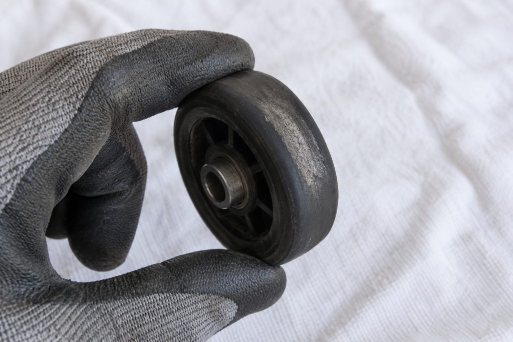 A single black dryer drum support roller with a visible flat worn spot on its rubber tread held between a gloved thumb and finger against a white cloth, shallow depth of field.