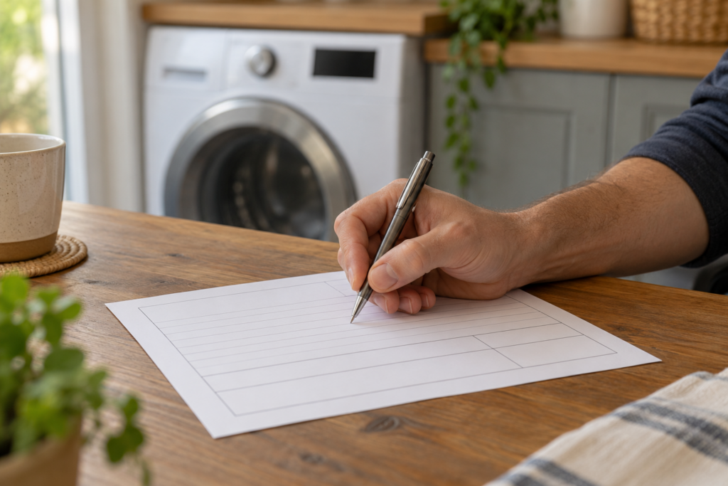 A hand holds a pen above an empty line on a blank estimate form with a washer panel blurred behind.