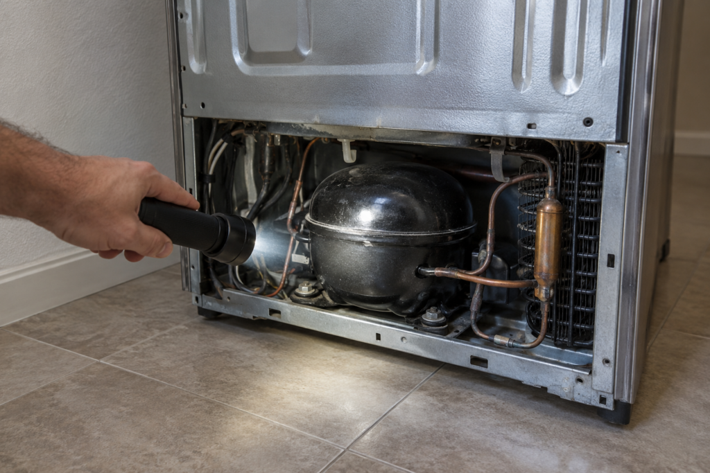 A flashlight beam falls on the compressor dome in the lower rear compartment of a pulled-out refrigerator.