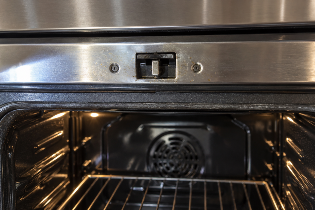 The self-clean lock bolt slot and housing in the top frame of an empty oven opening.