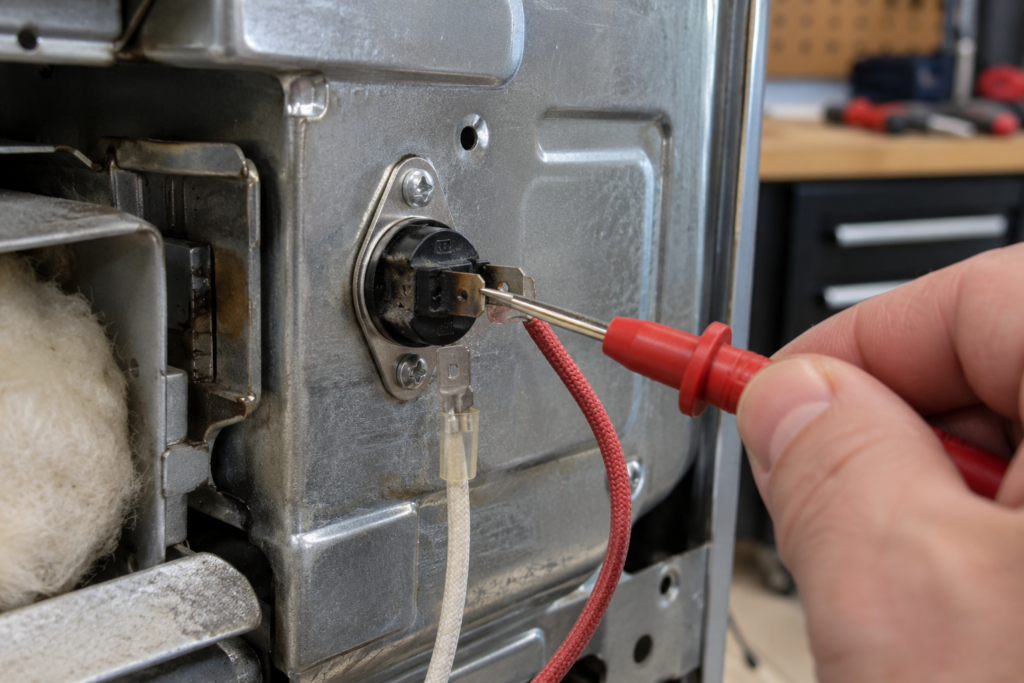 A thermal cutout on the housing of an oven with a darkened plastic connector, a multimeter probe on its terminals.