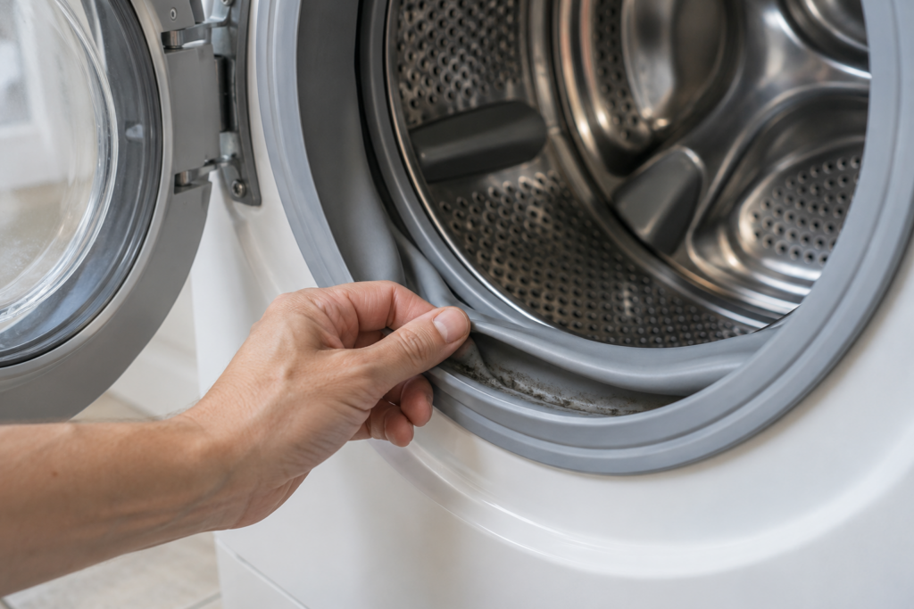 A hand gently pulling open the lower fold of the rubber door boot of a front-load washer to show a darkened residue line inside the fold, the open door and empty drum behind, soft light.