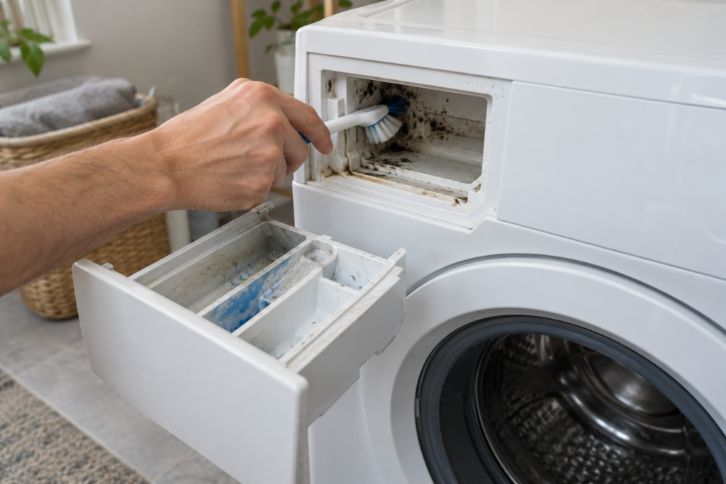 The pulled-out detergent drawer of a front-load washer with dark residue visible in the empty recess.