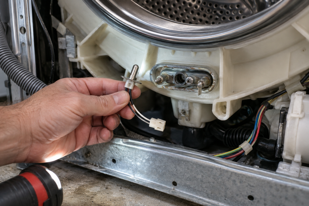 A small water temperature sensor with its two-wire plug held in a hand beside the heater housing at the bottom of a washer tub.