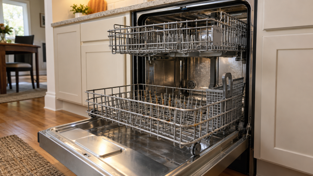 An open dishwasher with its racks pulled out, a few rust-spotted tines visible on the lower rack.