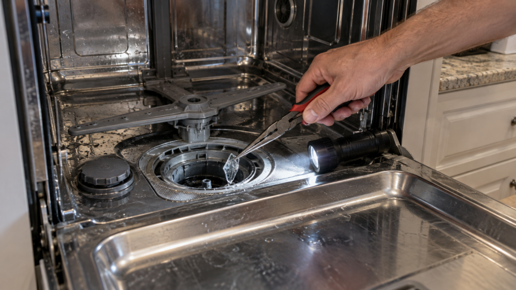 Needle-nose pliers lifting a shard of glass from the sump of a dishwasher tub with the lower rack removed.