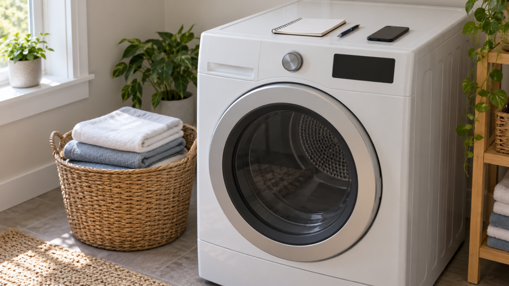 A blank notepad, a pen and a smartphone lying on top of a closed front-load dryer.