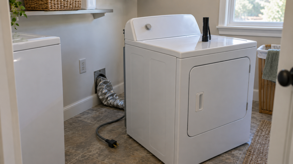 A clothes dryer pulled away from the laundry room wall with its power cord lying unplugged on the floor and the flexible foil duct behind it crushed nearly flat, a flashlight standing on the machine, an American home, soft light.
