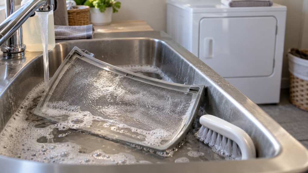 A dryer lint filter lying in a utility sink with soapy water and a soft brush beside it.