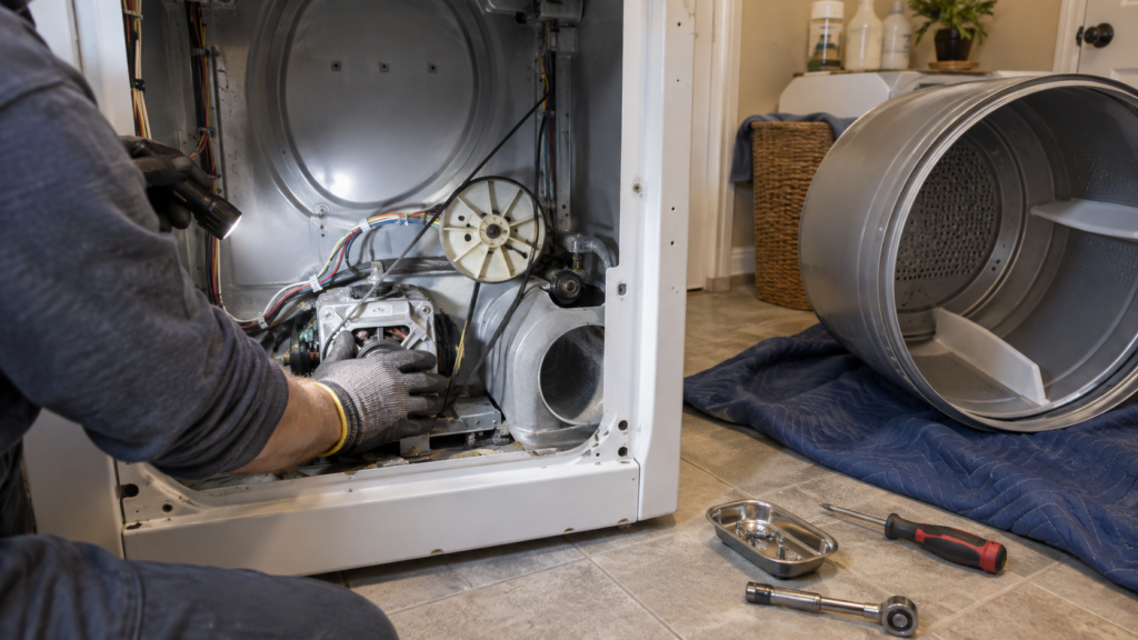 A gloved hand resting on the motor housing at the base of an opened clothes dryer cabinet, the drum lifted out and set aside on a blanket.