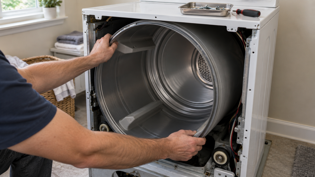 Bare forearms reaching into a clothes dryer cabinet whose front panel has been removed and turning the empty drum slowly by hand, laundry room light, a small tray of screws on top of the machine. A clothes dryer, not an oven.