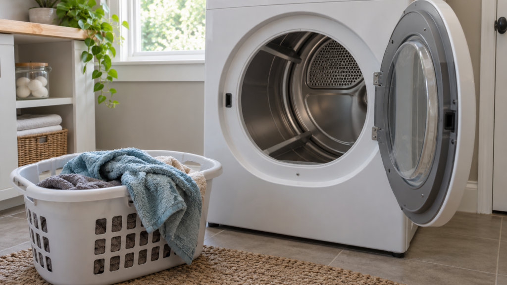 An open front-load clothes dryer with a basket of cold, damp towels on the laundry floor beside it.