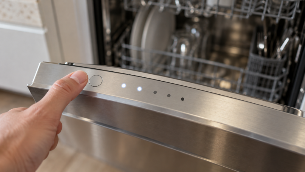 Close view of the top edge of an open dishwasher door with a row of small round indicator lights, two of them glowing, a thumb hovering over a flat power pad, stainless tub blurred behind, soft kitchen light. A dishwasher, not an oven.