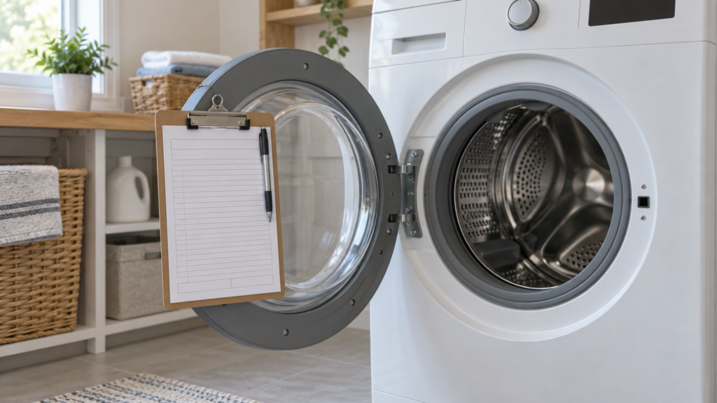 A clipboard with a blank estimate form hanging from the door of a front-load washer.