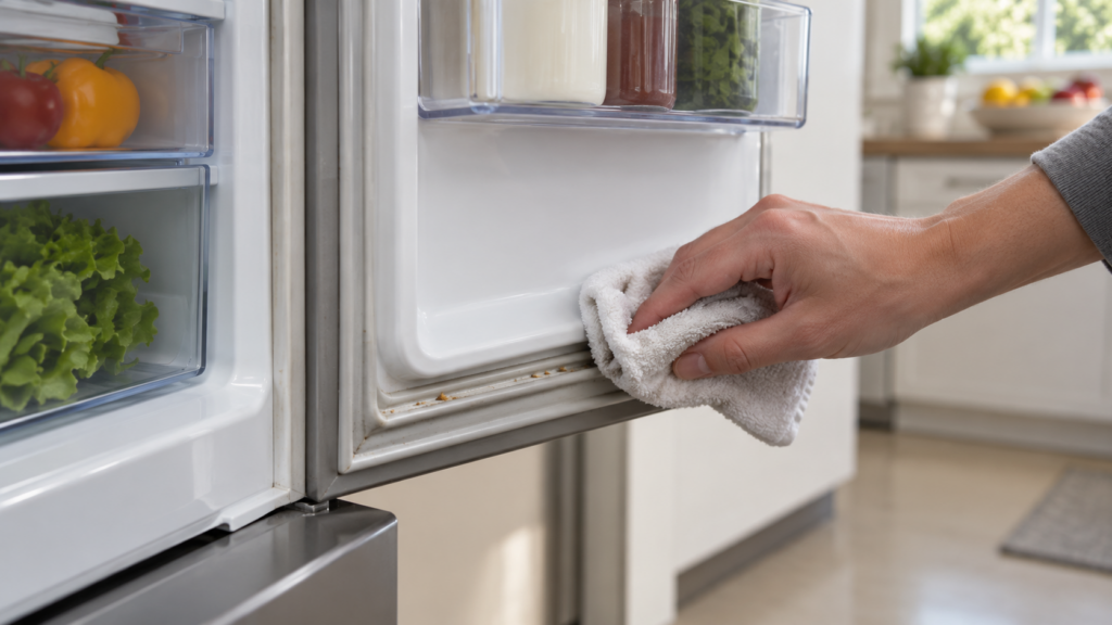 The inner door gasket of an open refrigerator close up with a thin layer of dust and a few crumbs in the lower fold, a hand wiping the gasket with a damp cloth, soft light from the kitchen window. A refrigerator, not an oven.
