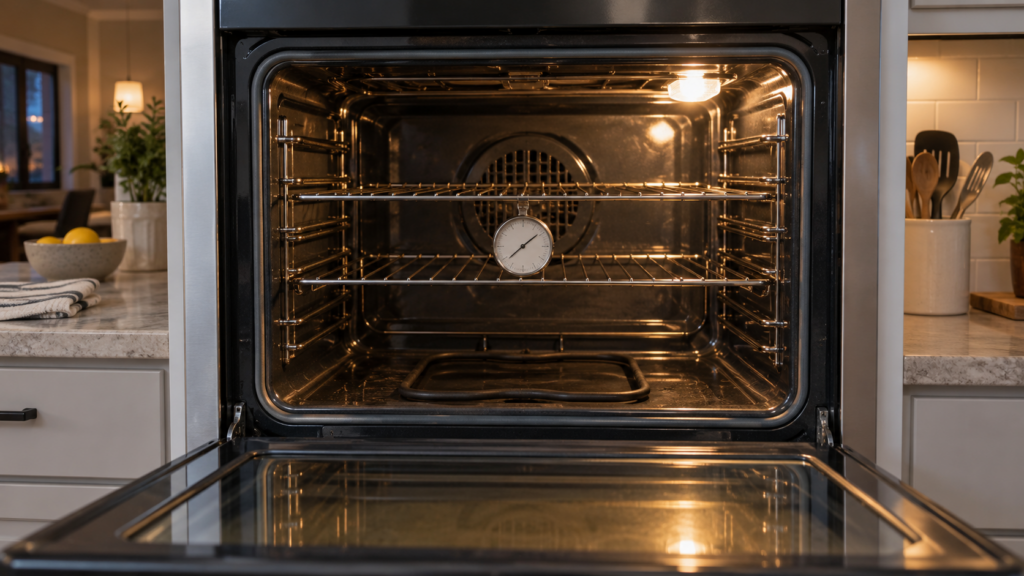 An empty oven cavity seen through the open door with a dark, cold bake element and a small dial thermometer hanging from the middle rack, the interior light on, an American kitchen, soft evening light. A built-in oven.