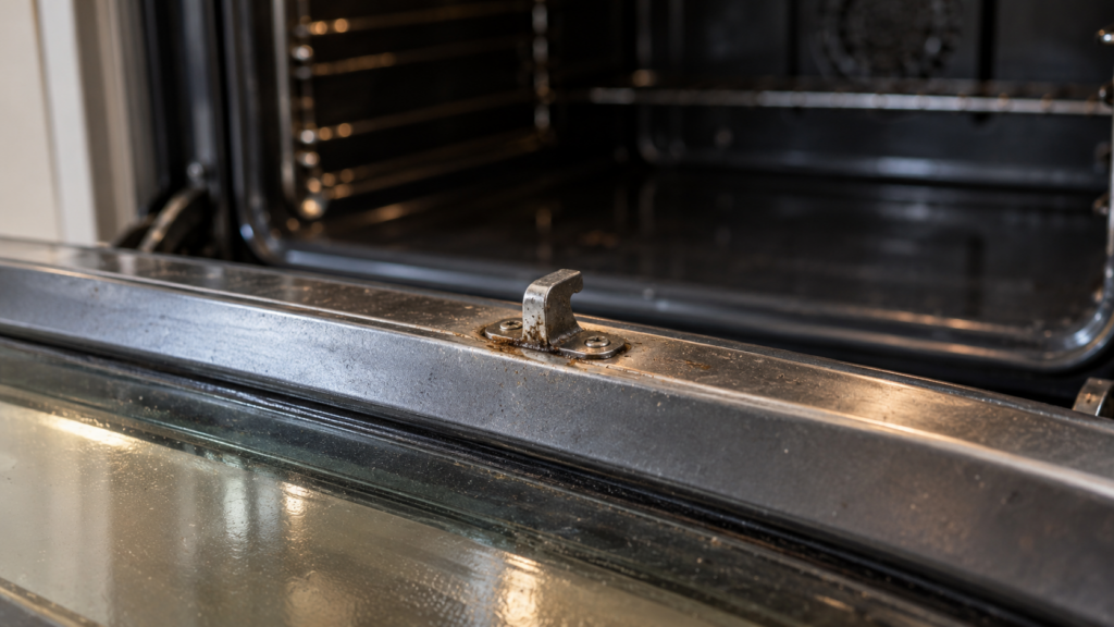 The metal latch hook on the top inside edge of an open oven door with a crescent of baked grease at its base.