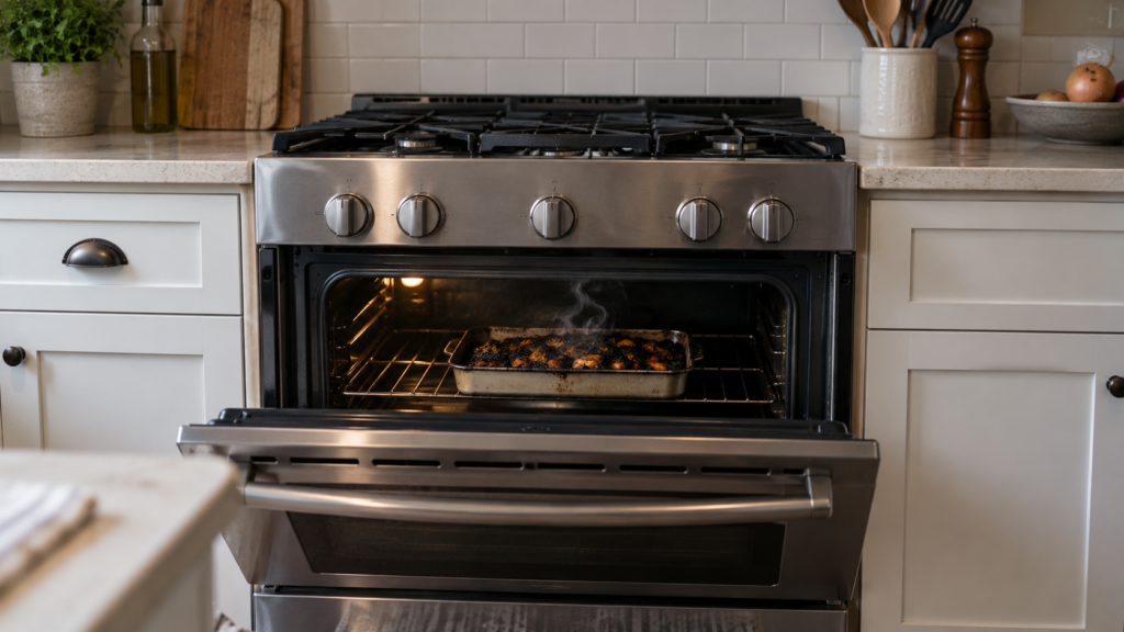 A range oven with its door slightly open and a pan of blackened food on the rack, a thin wisp of smoke rising.