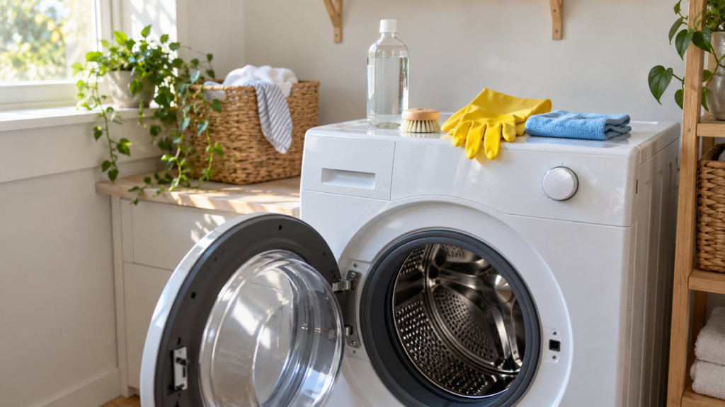 A vinegar bottle, a brush, rubber gloves and a cloth on top of a front-load washer with its door open.