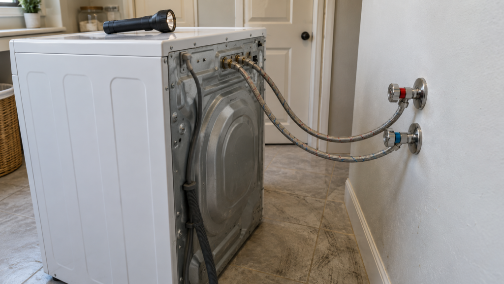 The rear of a front-load washing machine pulled out from a laundry room wall, two braided hoses still connected to wall valves, a flashlight lying on top of the machine and a scuffed floor beneath, an American home, soft light.